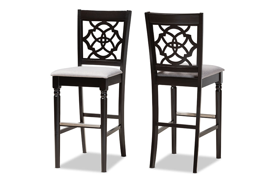 baxton studio alexandra modern and contemporary grey fabric upholstered and espresso brown finished wood 2 piece bar stool set | Modish Furniture Store-2