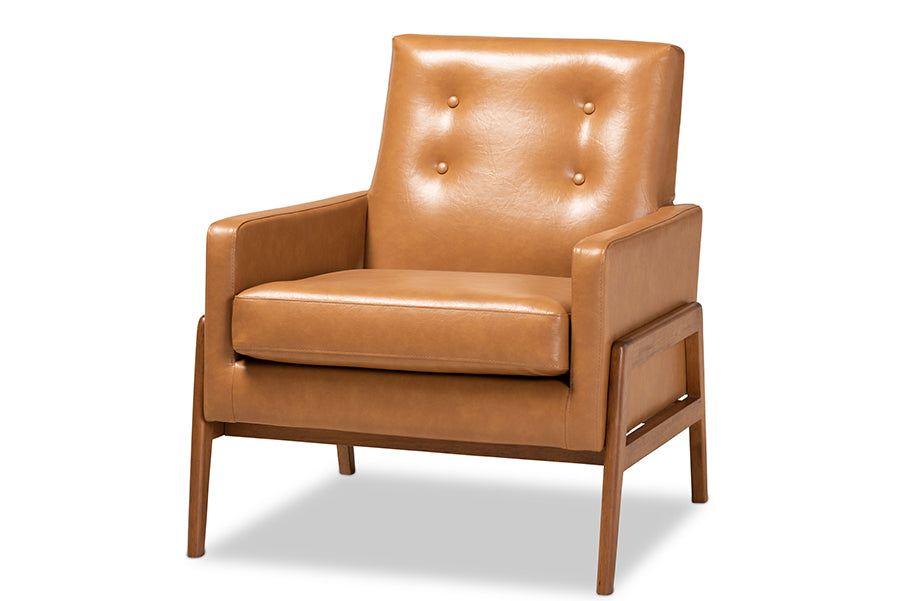 baxton studio perris mid century modern tan faux leather upholstered and walnut brown finished wood lounge chair | Modish Furniture Store-2