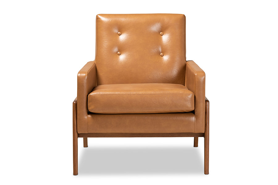 baxton studio perris mid century modern tan faux leather upholstered and walnut brown finished wood lounge chair | Modish Furniture Store-3