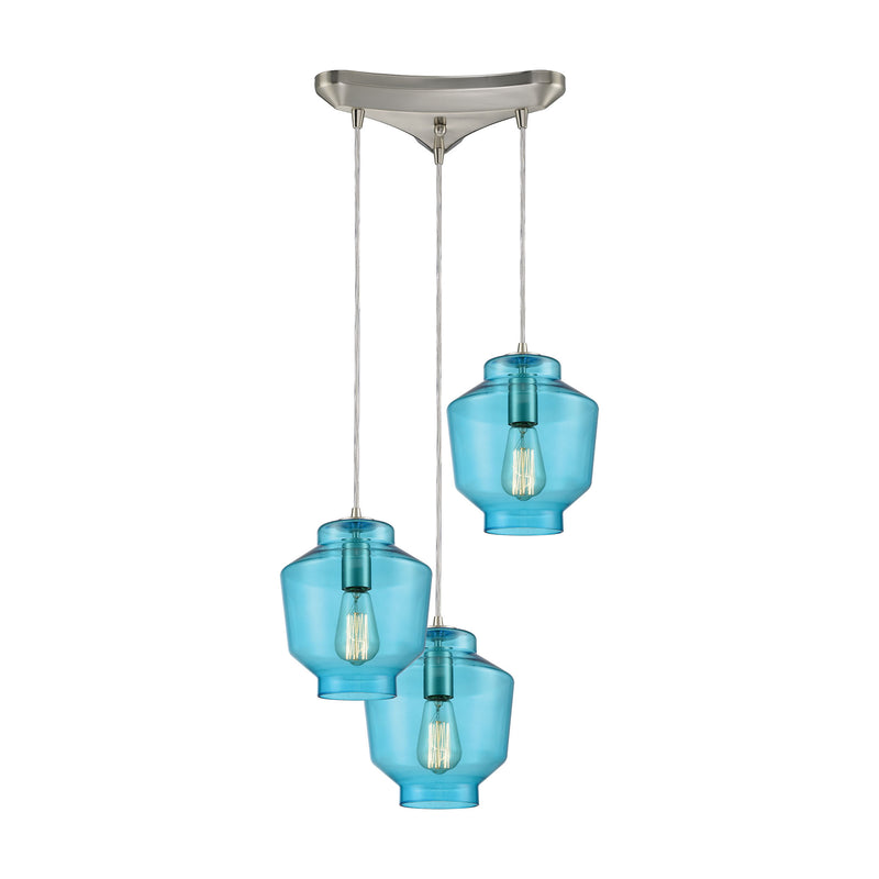 Barrel 3-Light Triangular Pendant Fixture in Satin Nickel with Aqua Blown Glass ELK Lighting | Pendant Lamps | Modishstore