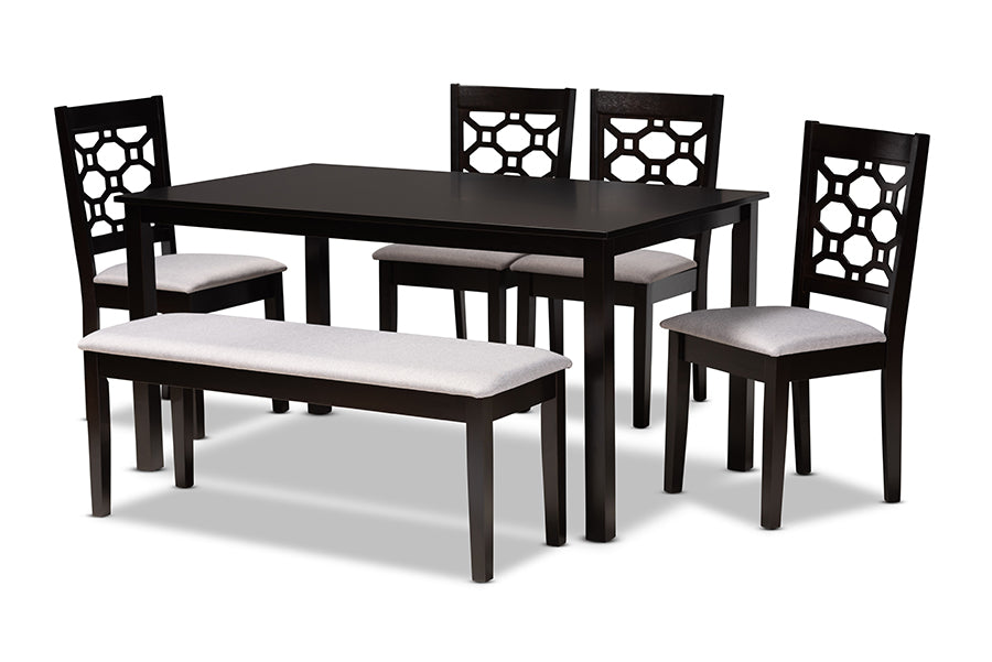 baxton studio gabriel modern and contemporary grey fabric upholstered and dark brown finished wood 6 piece dining set | Modish Furniture Store-2