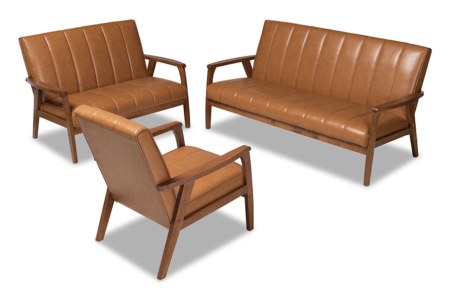 baxton studio nikko mid century modern tan faux leather upholstered and walnut brown finished wood 3 piece living room set | Modish Furniture Store-2