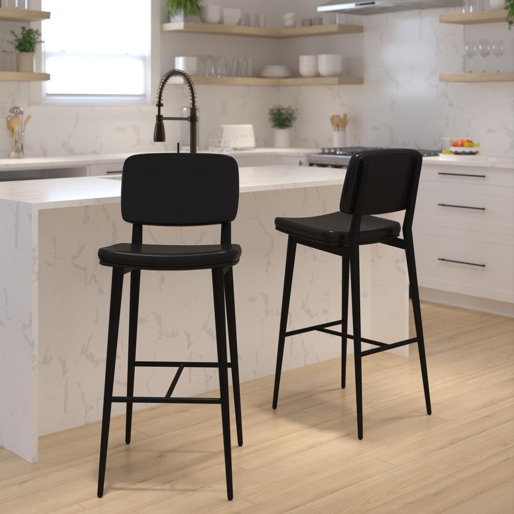 Kenzie Commercial Grade Mid-Back Barstools - Black Leathersoft Upholstery - Black Iron Frame With Integrated Footrest - Set Of 2 By Flash Furniture | Bar Stools | Modishstore - 3