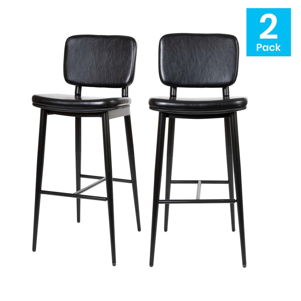 Kenzie Commercial Grade Mid-Back Barstools - Black Leathersoft Upholstery - Black Iron Frame With Integrated Footrest - Set Of 2 By Flash Furniture | Bar Stools | Modishstore - 1