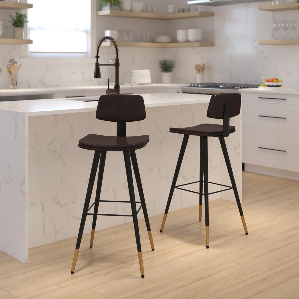 Kora Commercial Grade Low Back Barstools-Brown Leathersoft Upholstery-Black Iron Frame-Integrated Footrest-Gold Tipped Legs-Set Of 2 By Flash Furniture | Bar Stools | Modishstore - 2
