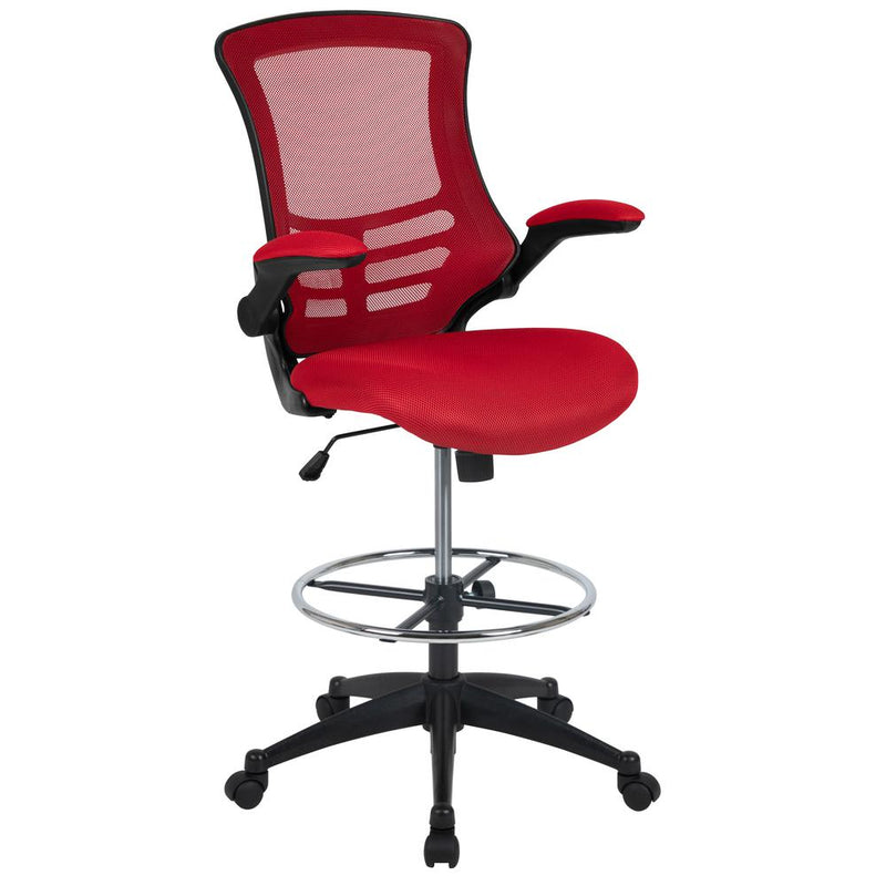 Mid-Back Red Mesh Ergonomic Drafting Chair With Adjustable Foot Ring And Flip-Up Arms By Flash Furniture | Office Chairs | Modishstore - 1