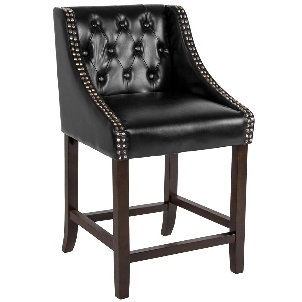 Carmel Series 24" High Transitional Tufted Walnut Counter Height Stool With Accent Nail Trim In Black Leathersoft By Flash Furniture | Bar Stools | Modishstore - 1