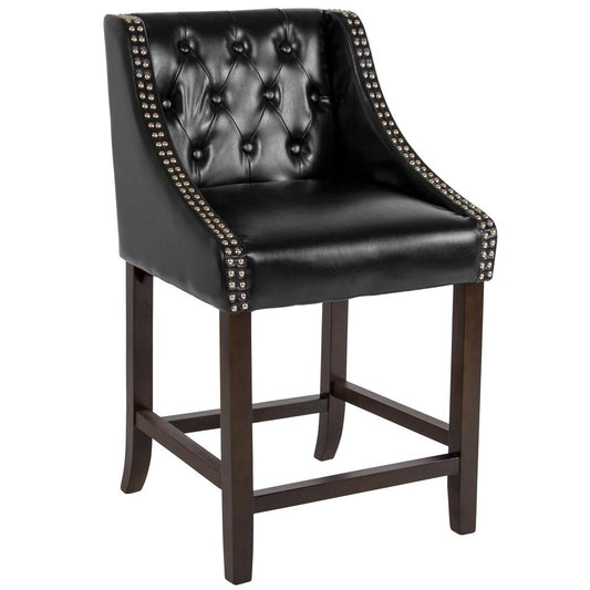 Carmel Series 24" High Transitional Tufted Walnut Counter Height Stool With Accent Nail Trim In Black Leathersoft By Flash Furniture | Bar Stools | Modishstore