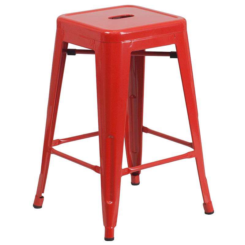 Commercial Grade 24" High Backless Red Metal Indoor-Outdoor Counter Height Stool With Square Seat By Flash Furniture | Bar Stools | Modishstore - 2