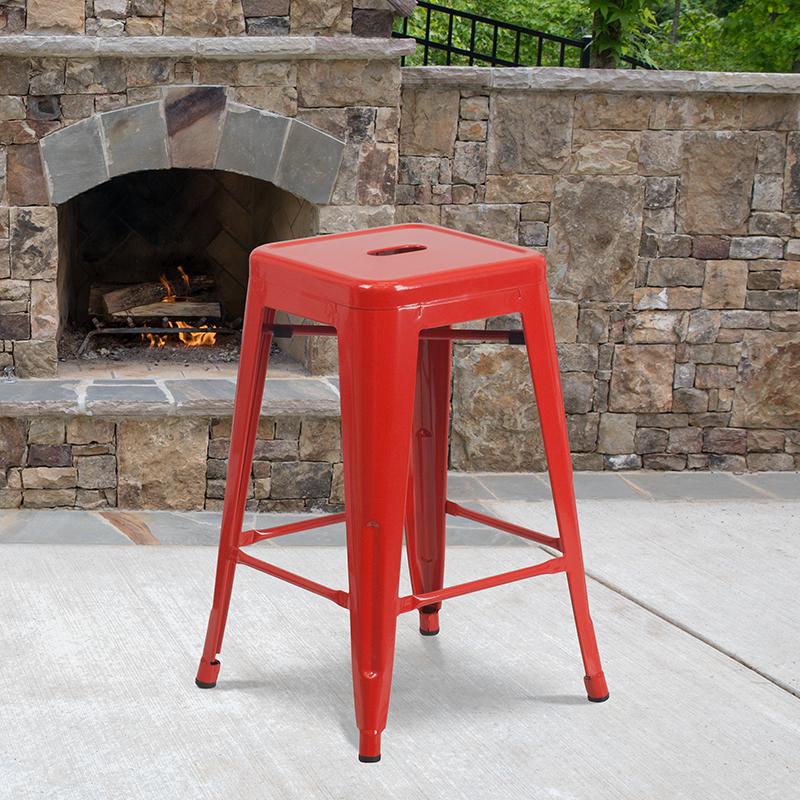 Commercial Grade 24" High Backless Red Metal Indoor-Outdoor Counter Height Stool With Square Seat By Flash Furniture | Bar Stools | Modishstore - 1