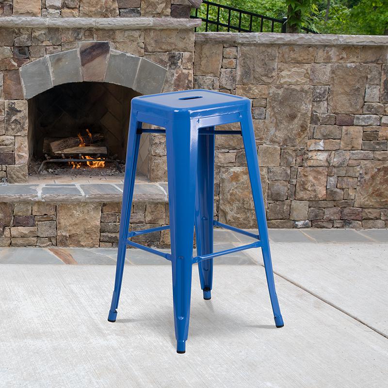 Commercial Grade 30" High Backless Blue Metal Indoor-Outdoor Barstool With Square Seat By Flash Furniture | Bar Stools | Modishstore - 1