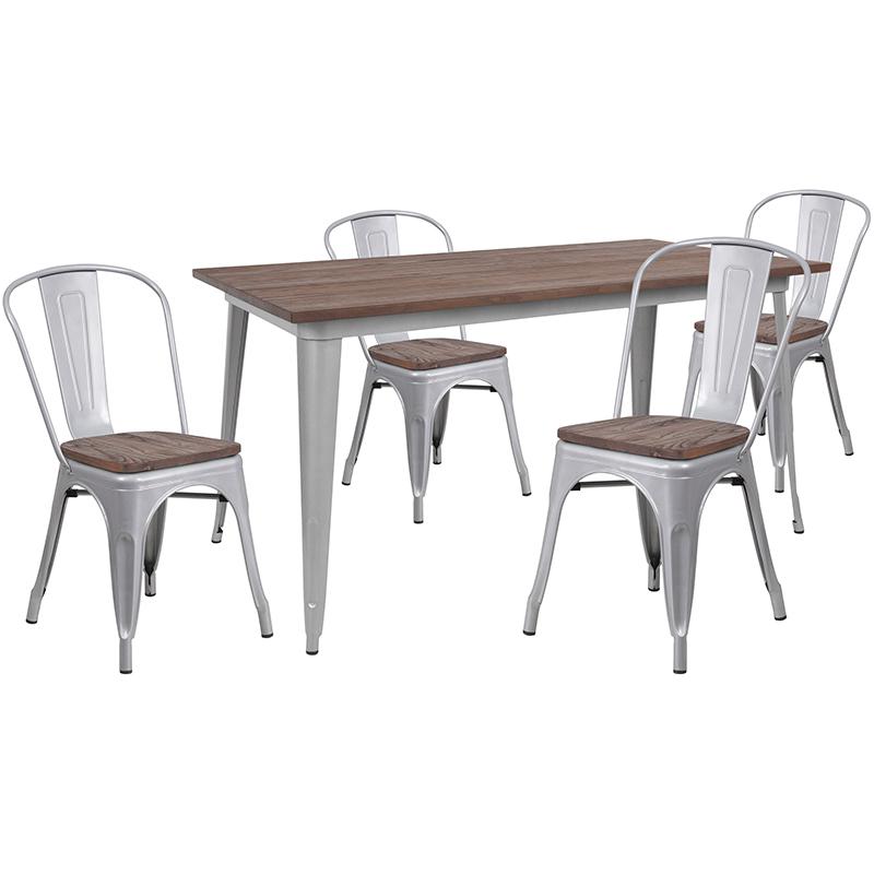 30.25" X 60" Silver Metal Table Set With Wood Top And 4 Stack Chairs By Flash Furniture | Dining Sets | Modishstore - 1