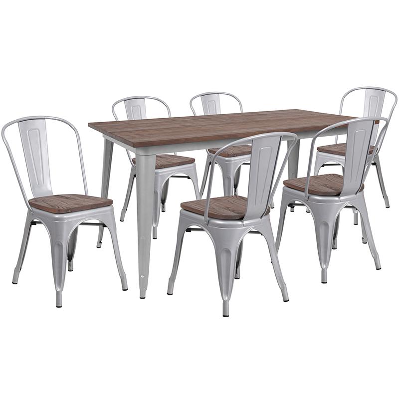 30.25" X 60" Silver Metal Table Set With Wood Top And 6 Stack Chairs By Flash Furniture | Dining Sets | Modishstore - 1