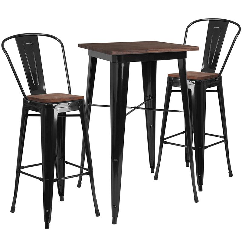 23.5" Square Black Metal Bar Table Set With Wood Top And 2 Stools By Flash Furniture | Bar Stools & Table | Modishstore - 1