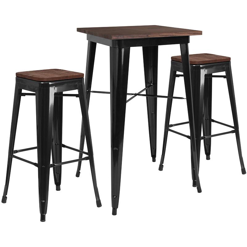 23.5" Square Black Metal Bar Table Set With Wood Top And 2 Backless Stools By Flash Furniture | Bar Stools & Table | Modishstore - 1