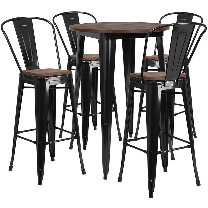 30" Round Black Metal Bar Table Set With Wood Top And 4 Stools By Flash Furniture | Bar Stools & Table | Modishstore - 1