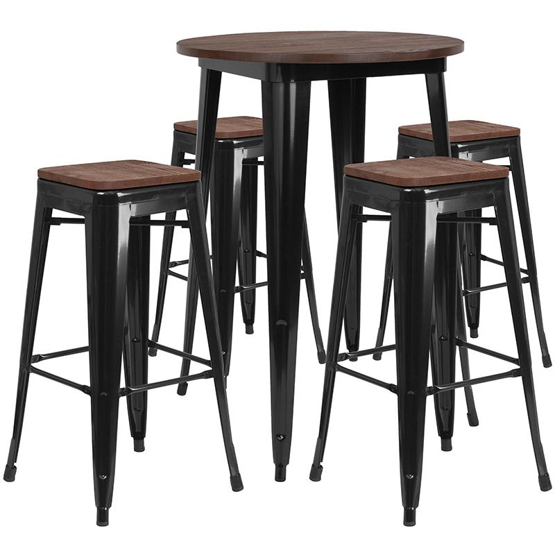 30" Round Black Metal Bar Table Set With Wood Top And 4 Backless Stools By Flash Furniture | Bar Stools & Table | Modishstore - 1