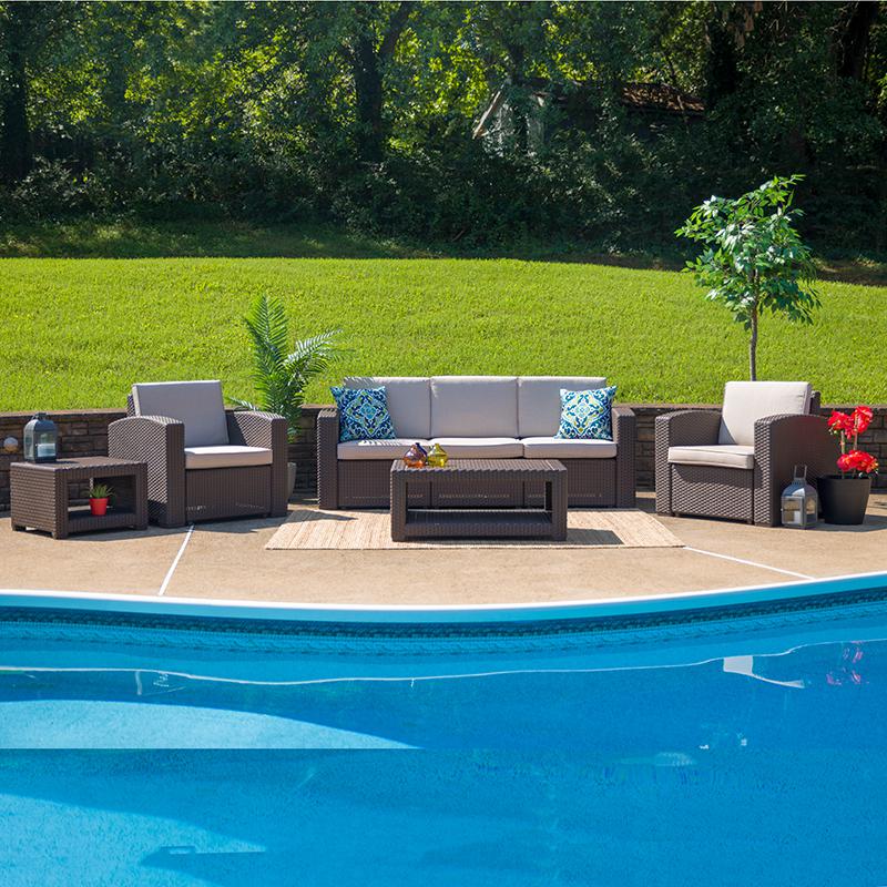 5 Piece Outdoor Faux Rattan Chair, Sofa And Table Set In Chocolate Brown By Flash Furniture | Outdoor Sofas, Loveseats & Sectionals | Modishstore - 1