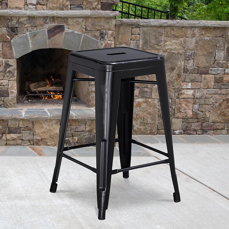 Commercial Grade 24" High Backless Distressed Black Metal Indoor-Outdoor Counter Height Stool By Flash Furniture | Bar Stools | Modishstore - 1