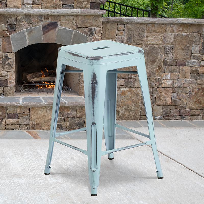 Commercial Grade 24" High Backless Distressed Green-Blue Metal Indoor-Outdoor Counter Height Stool By Flash Furniture | Bar Stools | Modishstore - 1