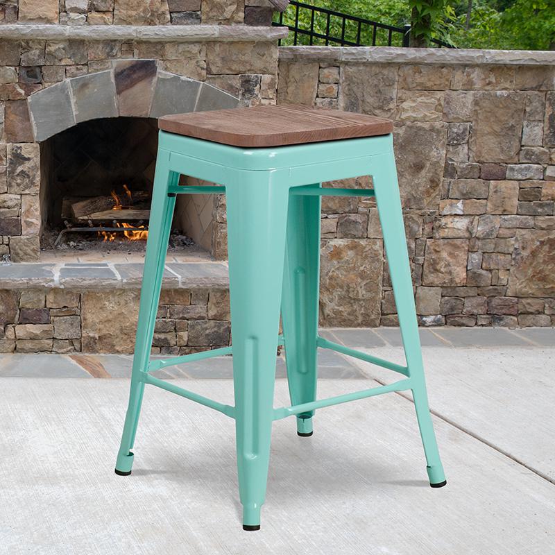 24" High Backless Mint Green Counter Height Stool With Square Wood Seat By Flash Furniture | Bar Stools | Modishstore