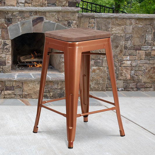 24" High Backless Copper Counter Height Stool With Square Wood Seat By Flash Furniture | Bar Stools | Modishstore - 1