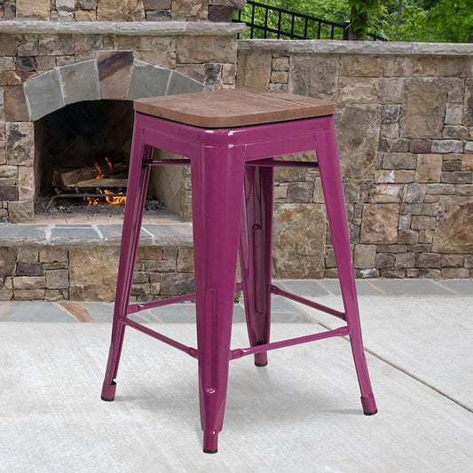 24" High Backless Purple Counter Height Stool With Square Wood Seat By Flash Furniture | Bar Stools | Modishstore - 1