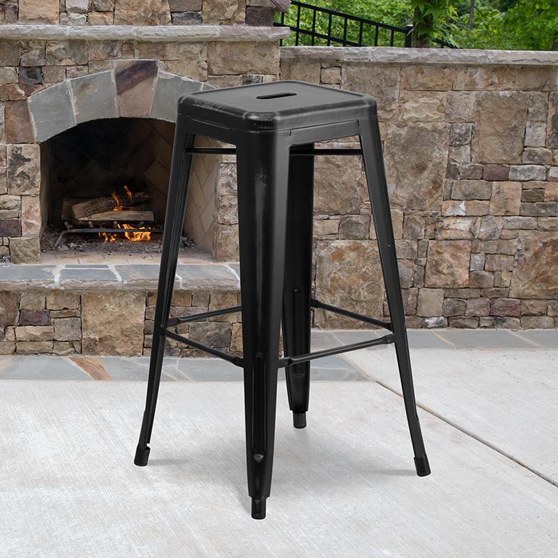 Commercial Grade 30" High Backless Distressed Black Metal Indoor-Outdoor Barstool By Flash Furniture | Bar Stools | Modishstore - 1