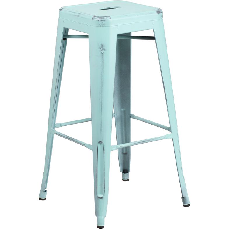 Commercial Grade 30" High Backless Distressed Green-Blue Metal Indoor-Outdoor Barstool By Flash Furniture | Bar Stools | Modishstore - 1