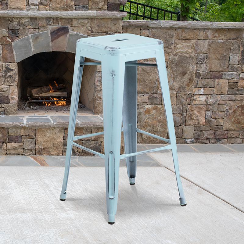 Commercial Grade 30" High Backless Distressed Green-Blue Metal Indoor-Outdoor Barstool By Flash Furniture | Bar Stools | Modishstore - 2