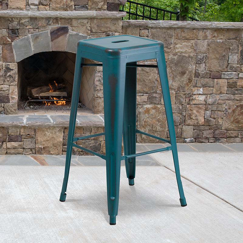 Commercial Grade 30" High Backless Distressed Kelly Blue-Teal Metal Indoor-Outdoor Barstool By Flash Furniture | Bar Stools | Modishstore - 1