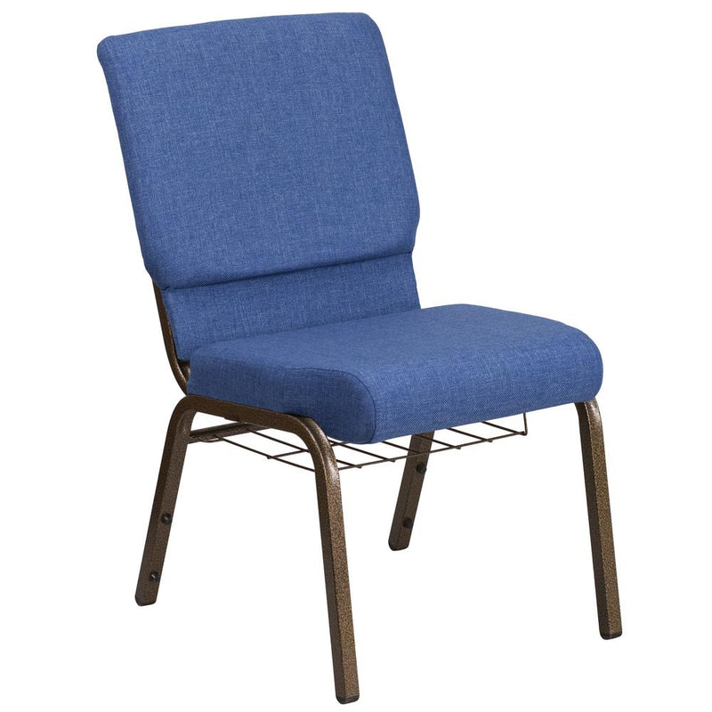 Hercules Series 18.5''W Church Chair In Blue Fabric With Cup Book Rack - Gold Vein Frame By Flash Furniture | Side Chairs | Modishstore - 1