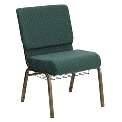 Hercules Series 21''W Church Chair In Hunter Green Dot Patterned Fabric With Book Rack - Gold Vein Frame By Flash Furniture