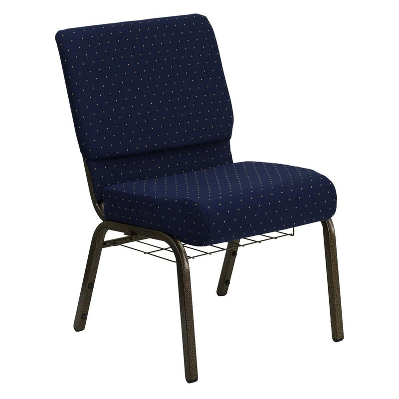 Hercules Series 21''W Church Chair In Navy Blue Dot Patterned Fabric With Book Rack - Gold Vein Frame By Flash Furniture | Side Chairs | Modishstore - 1