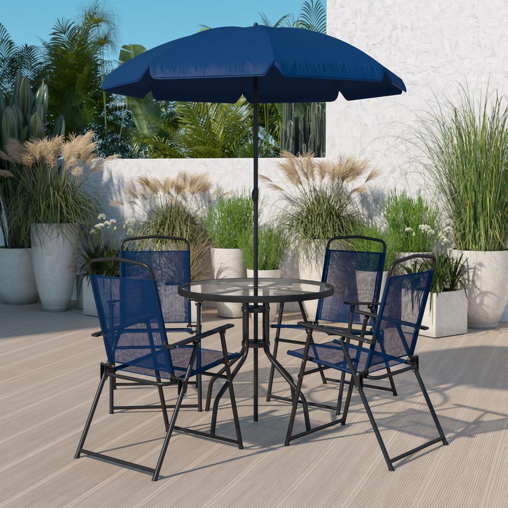 Nantucket 6 Piece Navy Patio Garden Set With Umbrella Table And Set Of 4 Folding Chairs By Flash Furniture | Outdoor Dining Sets | Modishstore - 1