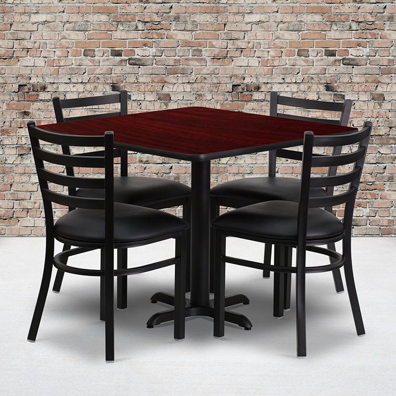 36'' Square Mahogany Laminate Table Set With X-Base And 4 Ladder Back Metal Chairs - Black Vinyl Seat By Flash Furniture | Dining Sets | Modishstore - 1