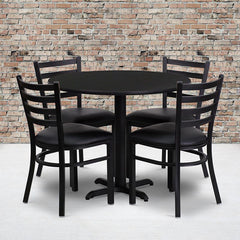 36'' Round Black Laminate Table Set With X-Base And 4 Ladder Back Metal Chairs - Black Vinyl Seat By Flash Furniture