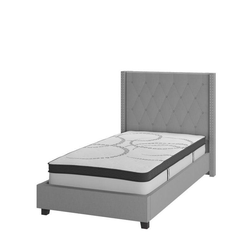 Riverdale Twin Size Tufted Upholstered Platform Bed In Light Gray Fabric With 10 Inch Certipur-Us Certified Pocket Spring Mattress By Flash Furniture | Beds | Modishstore - 1