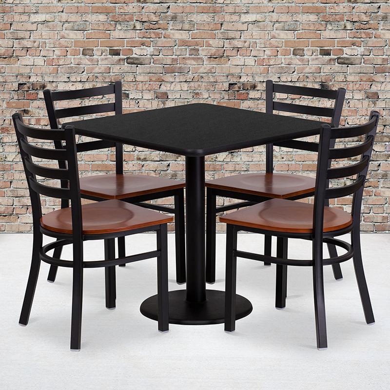 30'' Square Black Laminate Table Set With 4 Ladder Back Metal Chairs - Cherry Wood Seat By Flash Furniture | Dining Sets | Modishstore - 1