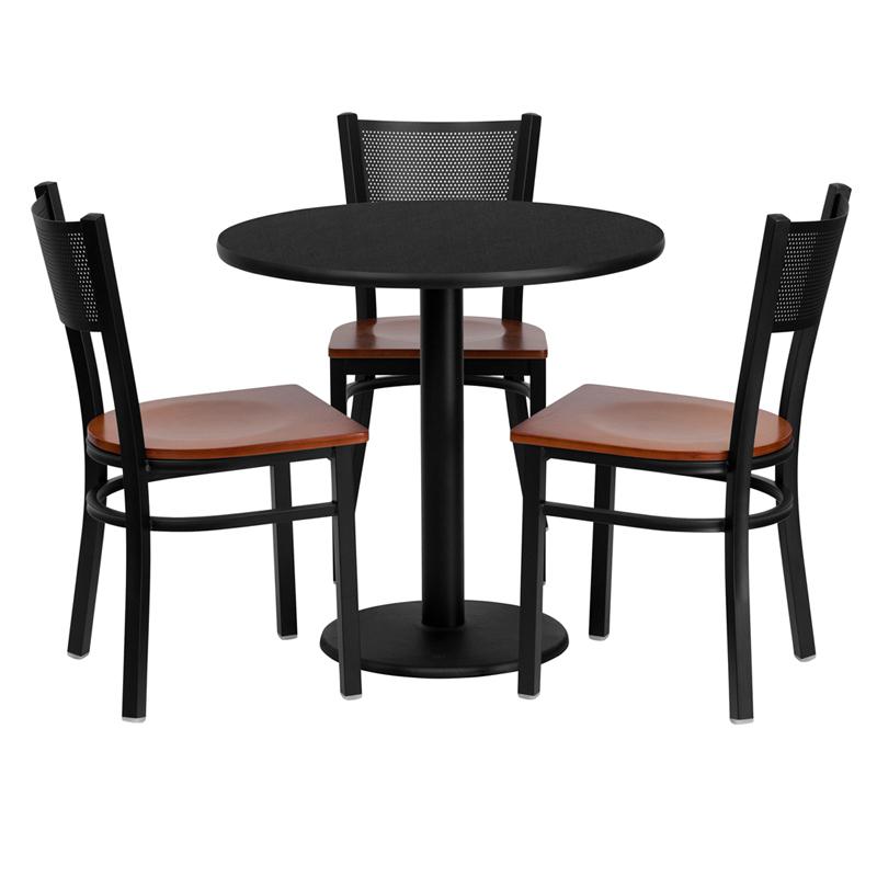 30'' Round Black Laminate Table Set With 3 Grid Back Metal Chairs - Cherry Wood Seat By Flash Furniture | Dining Sets | Modishstore - 2