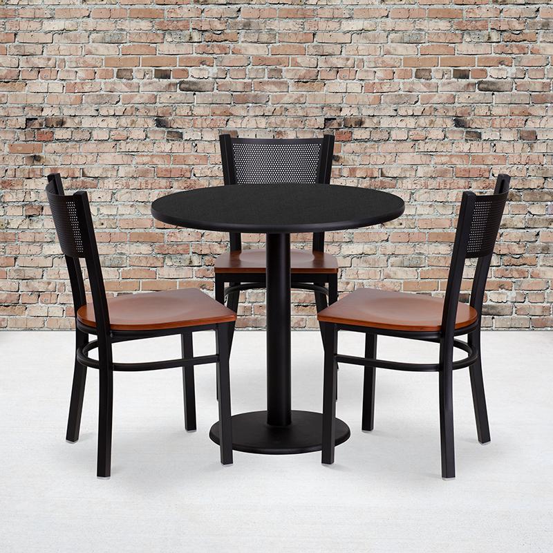 30'' Round Black Laminate Table Set With 3 Grid Back Metal Chairs - Cherry Wood Seat By Flash Furniture | Dining Sets | Modishstore - 1