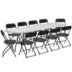 8' Bi-Fold Granite White Plastic Event/Training Folding Table Set With 10 Folding Chairs By Flash Furniture