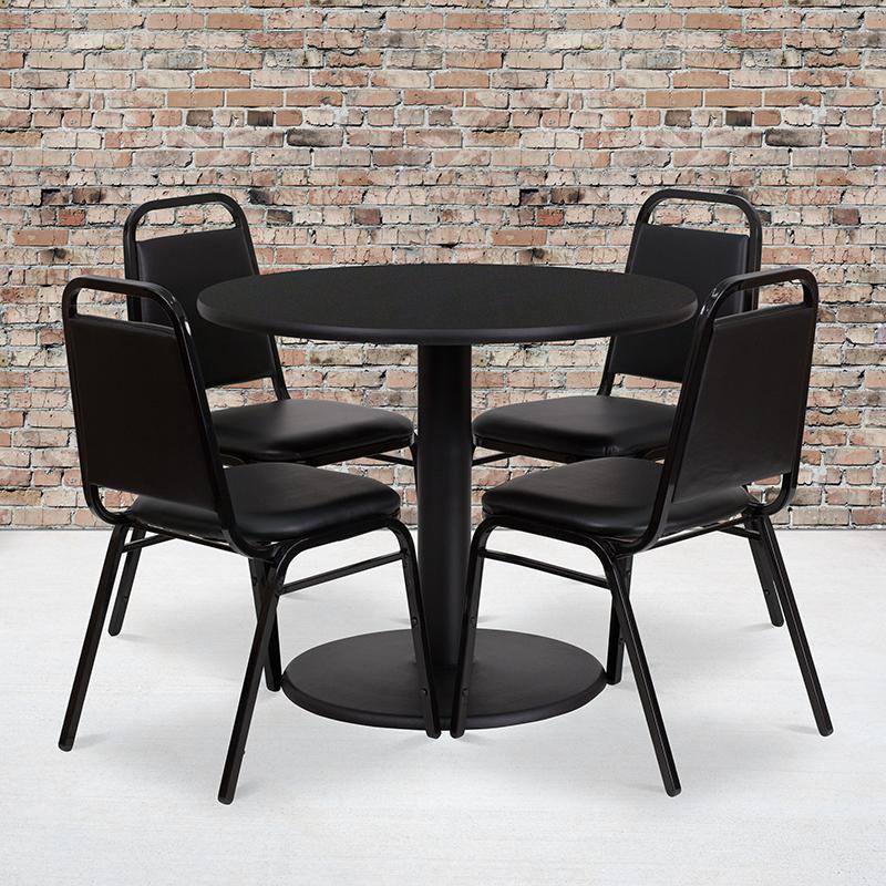 36'' Round Black Laminate Table Set With Round Base And 4 Black Trapezoidal Back Banquet Chairs By Flash Furniture | Dining Sets | Modishstore - 1