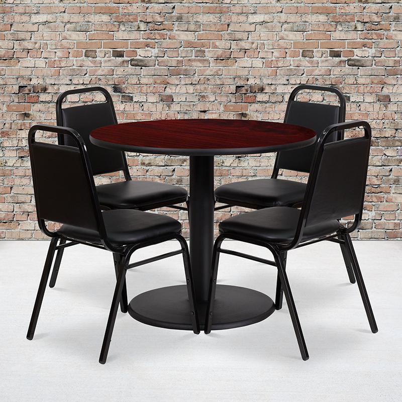 36'' Round Mahogany Laminate Table Set With Round Base And 4 Black Trapezoidal Back Banquet Chairs By Flash Furniture | Dining Sets | Modishstore - 1