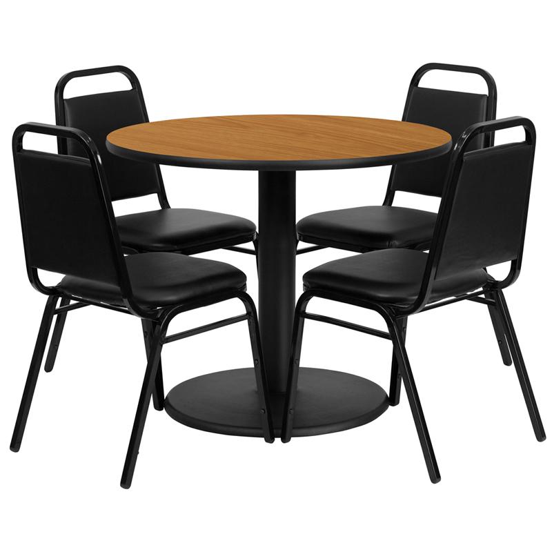 36'' Round Natural Laminate Table Set With Round Base And 4 Black Trapezoidal Back Banquet Chairs By Flash Furniture | Dining Sets | Modishstore - 2