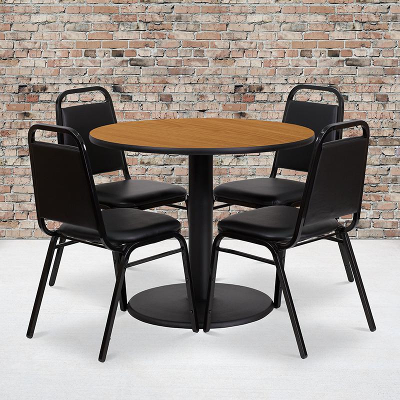 36'' Round Natural Laminate Table Set With Round Base And 4 Black Trapezoidal Back Banquet Chairs By Flash Furniture | Dining Sets | Modishstore