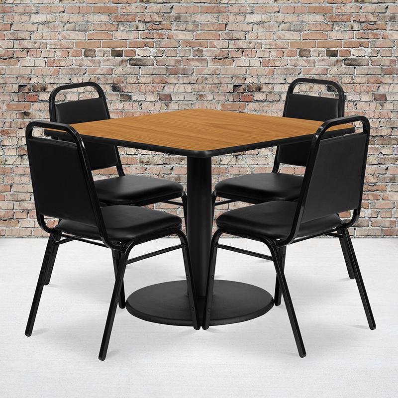 36'' Square Natural Laminate Table Set With Round Base And 4 Black Trapezoidal Back Banquet Chairs By Flash Furniture | Dining Sets | Modishstore - 1