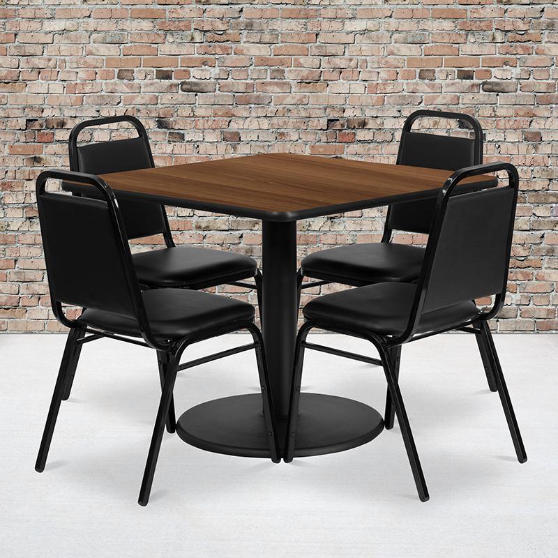 36'' Square Walnut Laminate Table Set With Round Base And 4 Black Trapezoidal Back Banquet Chairs By Flash Furniture | Dining Sets | Modishstore - 1