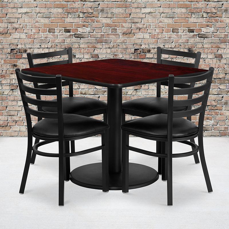 36'' Square Mahogany Laminate Table Set With Round Base And 4 Ladder Back Metal Chairs - Black Vinyl Seat By Flash Furniture | Dining Sets | Modishstore - 1