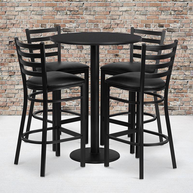 30'' Round Black Laminate Table Set With Round Base And 4 Ladder Back Metal Barstools - Black Vinyl Seat By Flash Furniture | Bar Stools & Table | Modishstore - 1